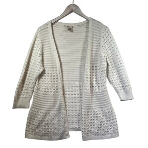 DKNY Jeans Womens XL White Pointelle Knit Open Front Cardigan 3/4 Sleeve Sweater